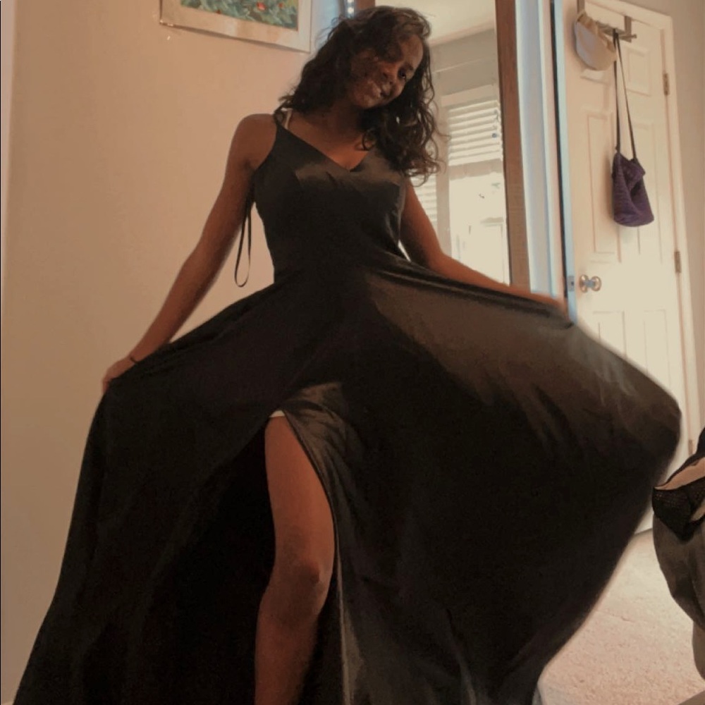 Black satin long gown with pockets